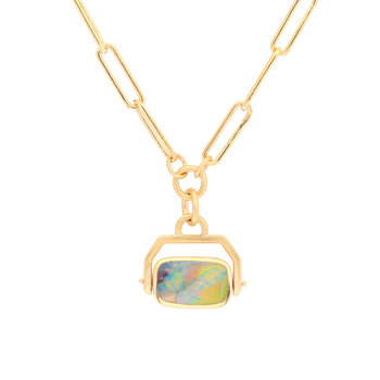 Opal Pendant in 14k Gold on Heavyweight Chain with Engraved Bird