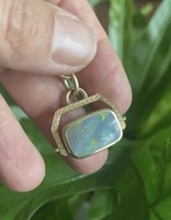 Opal Pendant in 14k Gold on Heavyweight Chain with Engraved Bird