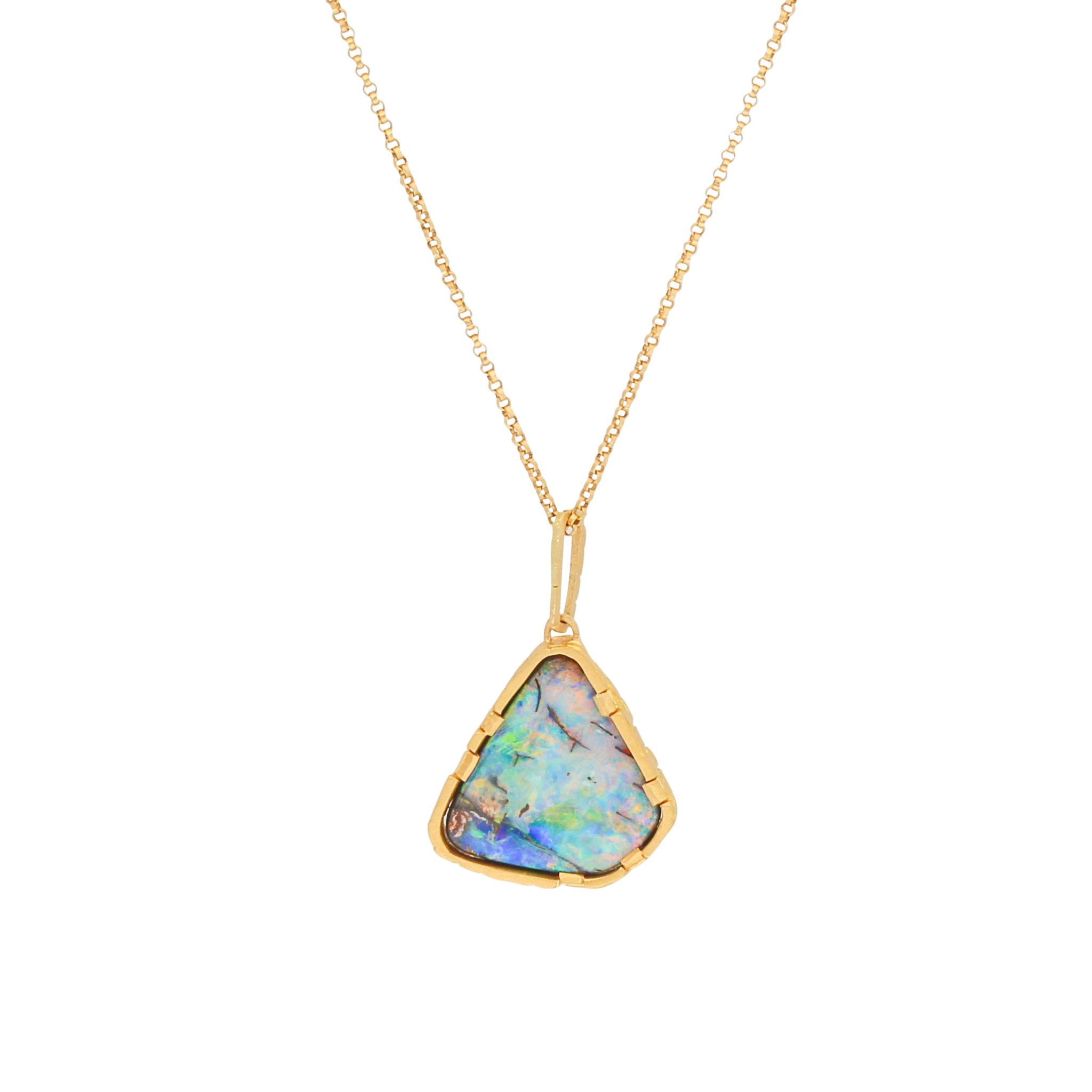 Sugar Brick Bezel Opal Necklace in 22k Gold and 18k Gold Chain