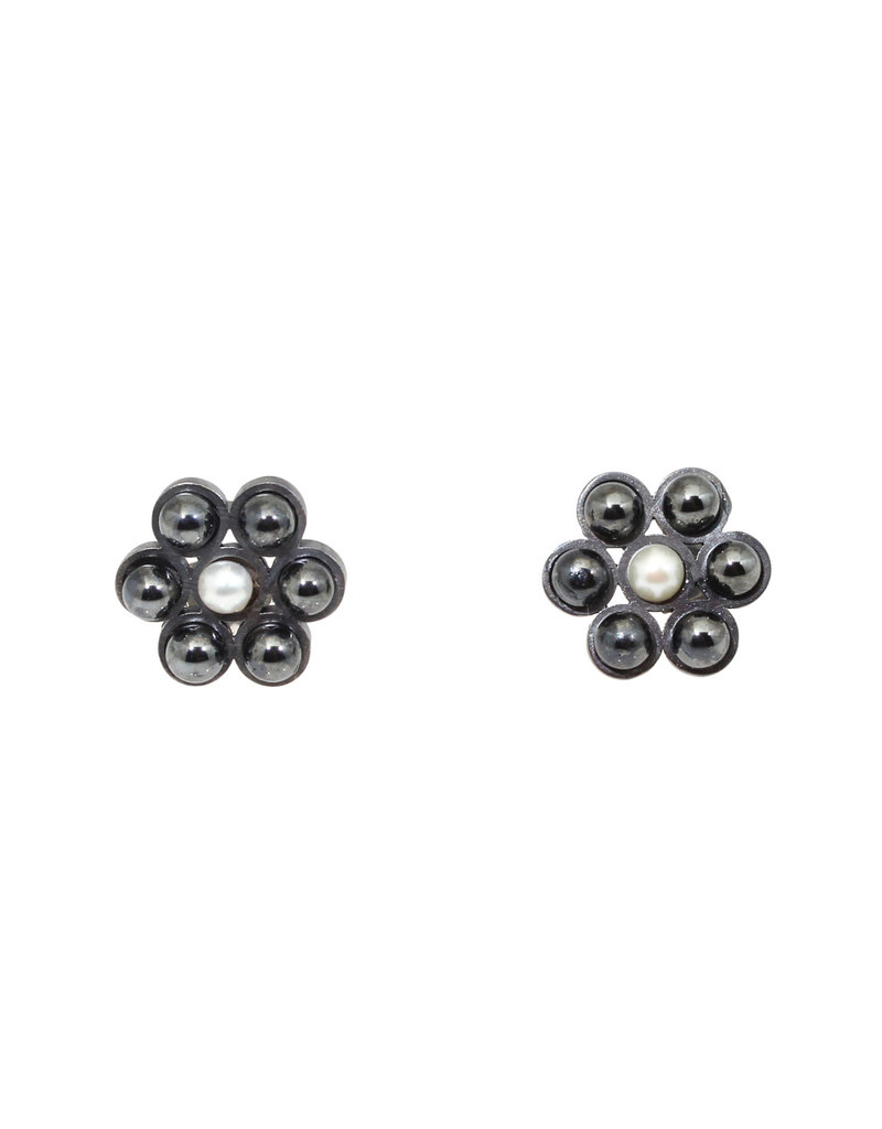 Hematite and Pearl Flower Post Earring