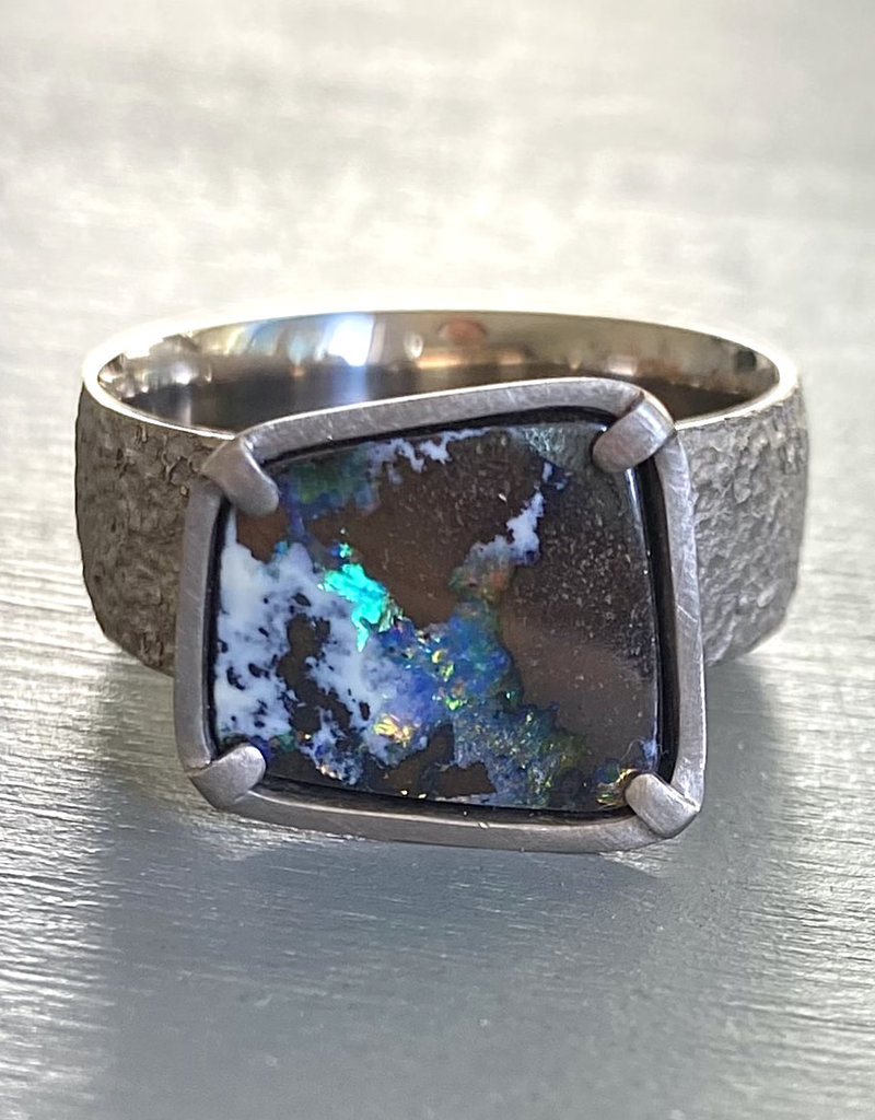 Opal Ring in Sand-Textured 18k Palladium White Gold