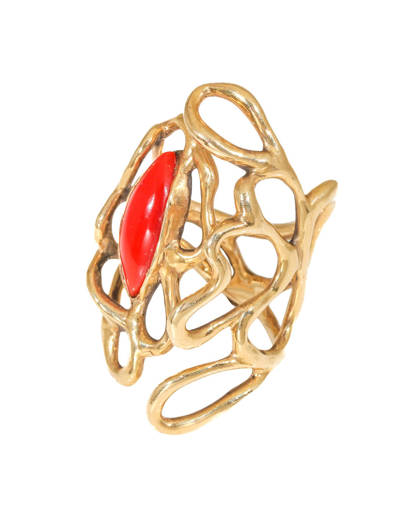 Bob Grabowski Red Marquis Shaped Coral Ring in 14k Gold