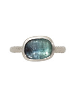 Organic Rosecut Cyan Tourmaline Solitaire Ring in Sand-Textured Platinum