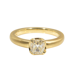 Scooped Prong Set Old European Cut Cushion Diamond in 18k Yellow Gold