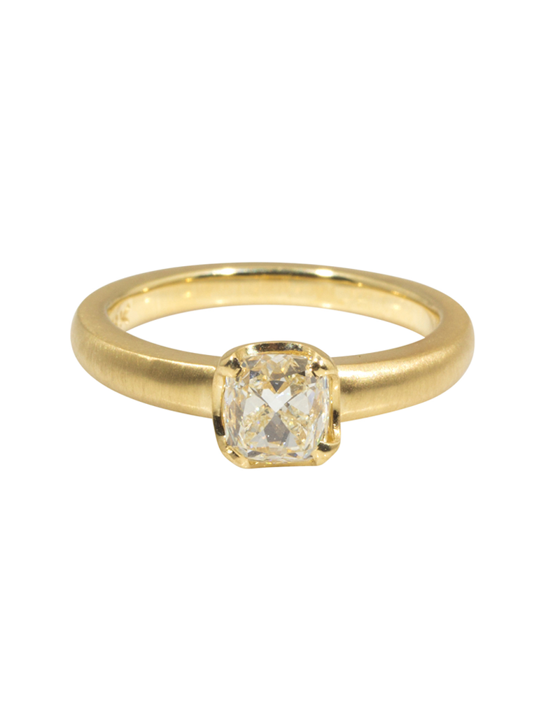 Scooped Prong Set Old European Cut Cushion Diamond in 18k Yellow Gold