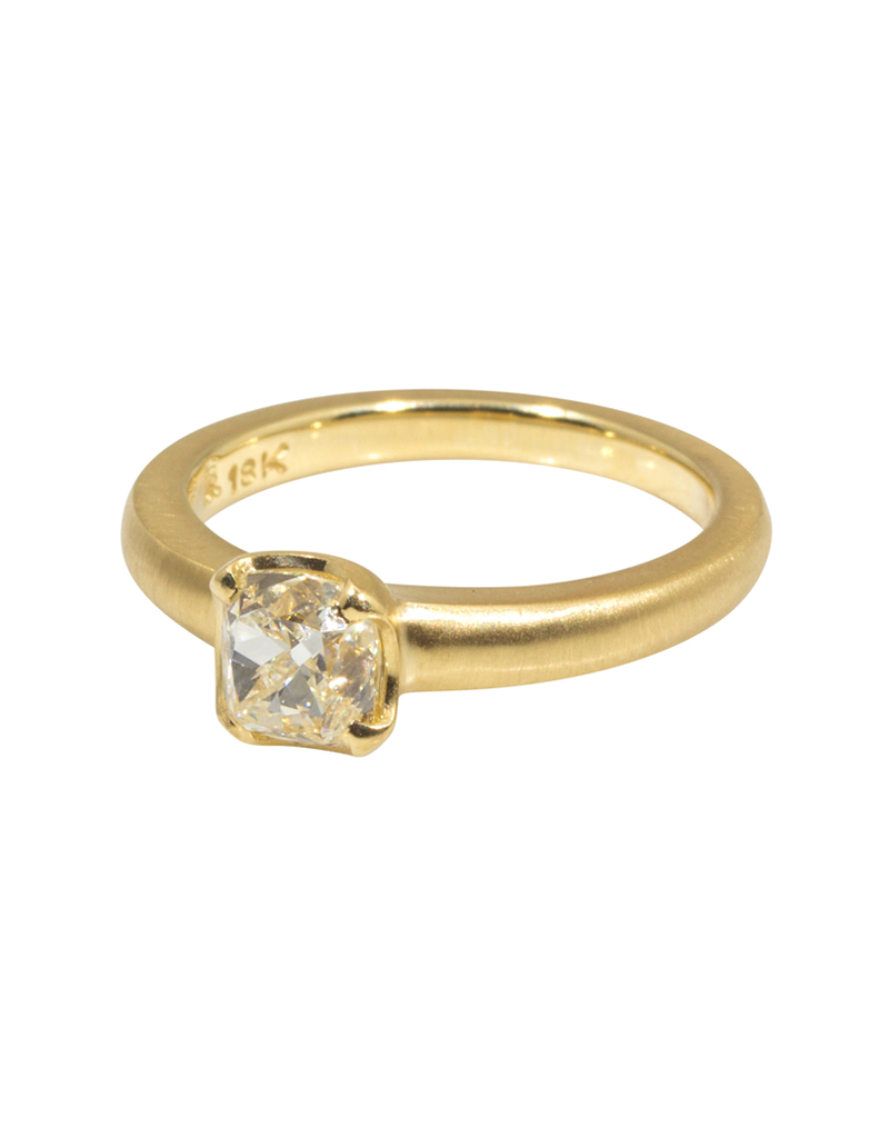 Scooped Prong Set Old European Cut Cushion Diamond in 18k Yellow Gold