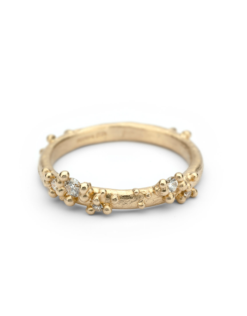 Half Round Band with Diamonds and Granules in 14k Yellow Gold