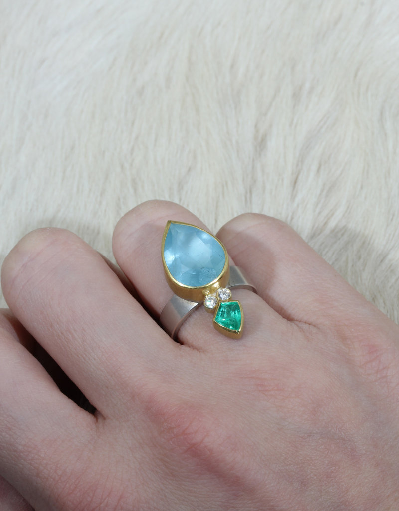 Sam Woehrmann Aqua, Emerald & Diamond Drop Ring