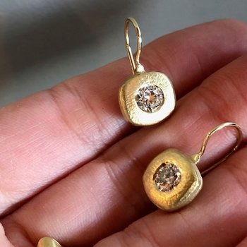 Tracy Conkle Custom Organic Cushion Earrings  in 18k Yellow Gold with Round Diamonds