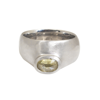 Offset Yellow Diamond Ring in Wide Platinum Setting