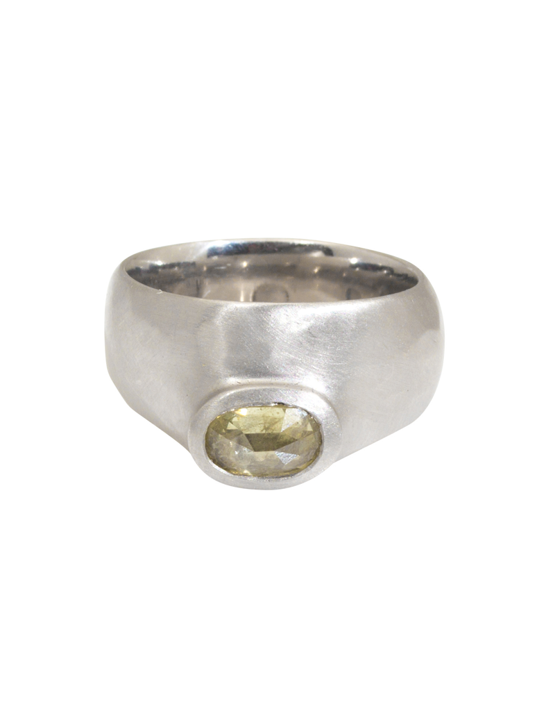 Offset Yellow Diamond Ring in Wide Platinum Setting