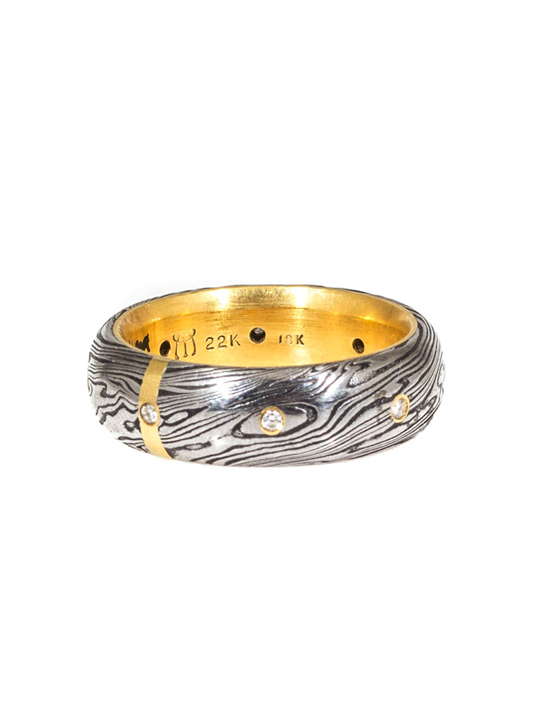 Damascus Steel Half Round Ring with Diamonds and 18k Yellow Gold Liner