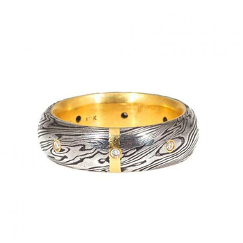 Damascus Steel Half Round Ring with Diamonds and 18k Yellow Gold Liner
