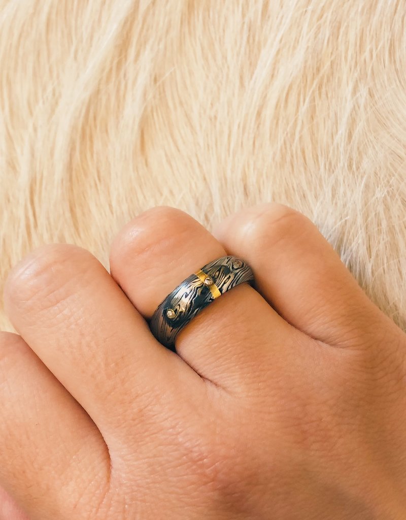 Damascus Steel Half Round Ring with Diamonds and 18k Yellow Gold Liner