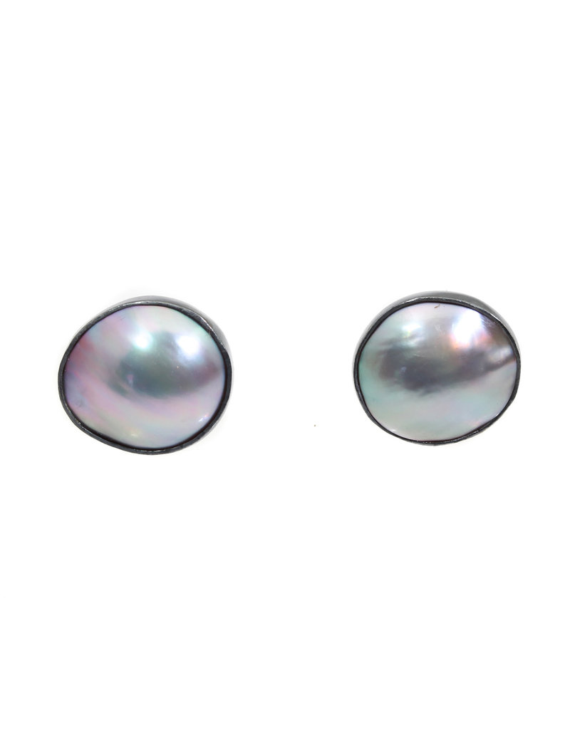 Light Silver Mabe Pearl Post Earrings in Oxidized Silver