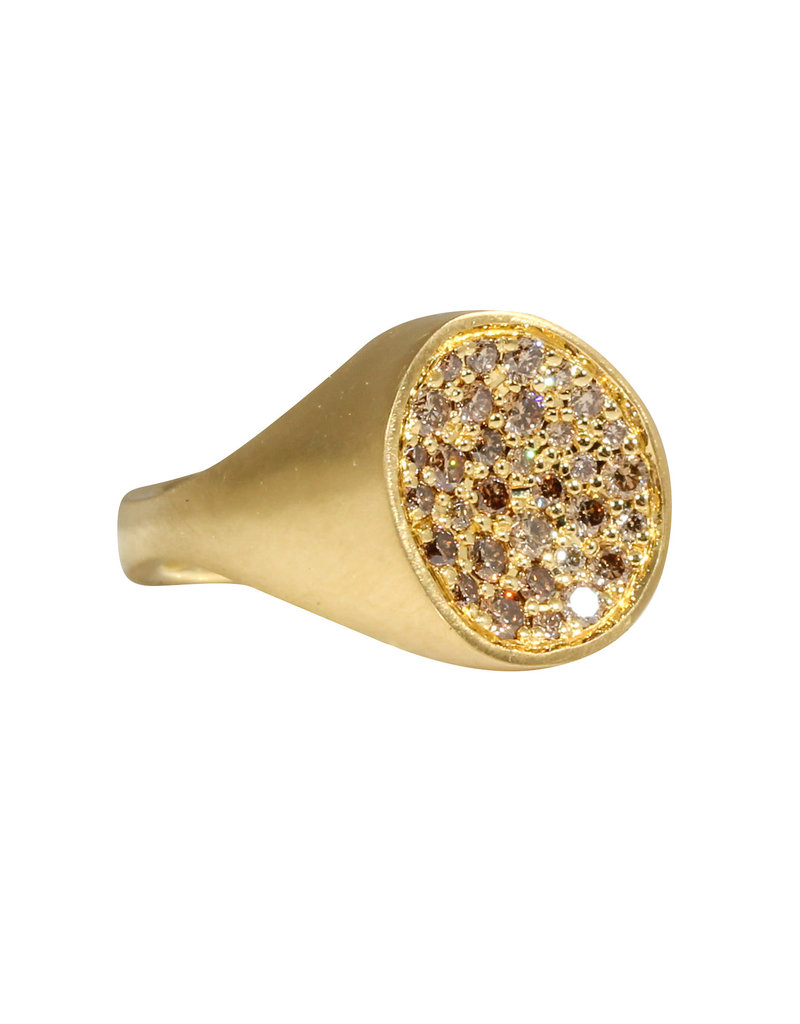 Organic Shaped Pave Signet Ring with Cognac Diamonds in 18k Yellow Gold