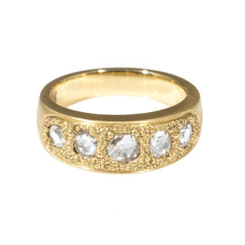 Pave Band Ring with Five Organic Rose Cut Diamonds in 18k Yellow Gold