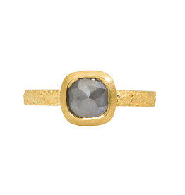 Grey Rosecut Cushion Diamond Solitaire Ring in Sand-Textured 18k Yellow Gold