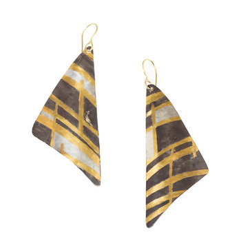 Big Sur Goldsmiths Horizontal Stripage Triangle Earrings in Keum-boo, 23.5k gold, silver and 18k Gold Wires