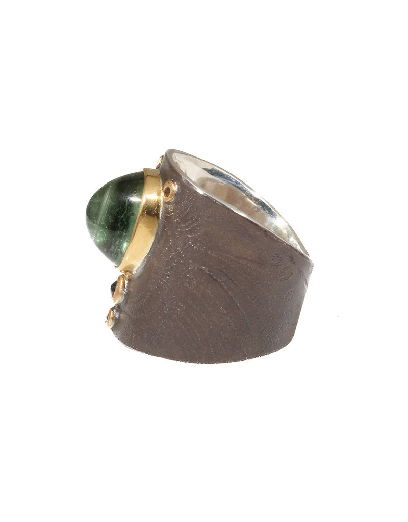 Big Sur Goldsmiths Scarab Shield Ring with Green Tourmaline, Blue Sapphires, Padparadcha in Oxidized Silver & 22k Yellow Gold