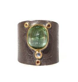 Big Sur Goldsmiths Scarab Shield Ring with Green Tourmaline, Blue Sapphires, Padparadcha in Oxidized Silver & 22k Yellow Gold