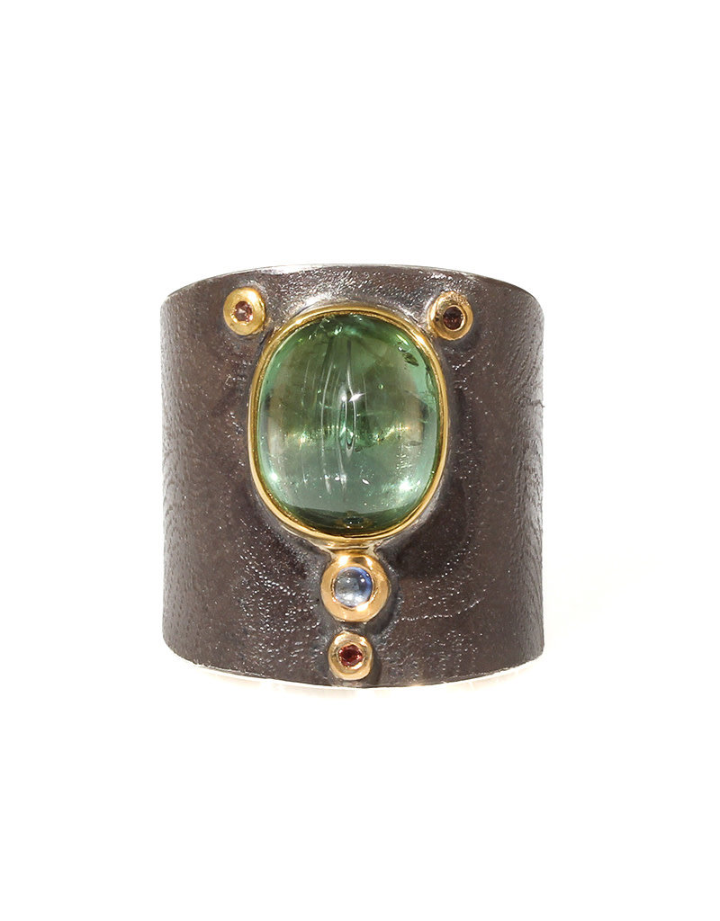 Big Sur Goldsmiths Scarab Shield Ring with Green Tourmaline, Blue Sapphires, Padparadcha in Oxidized Silver & 22k Yellow Gold