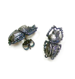 Scarab Beetle Post Earrings in Oxidized Silver