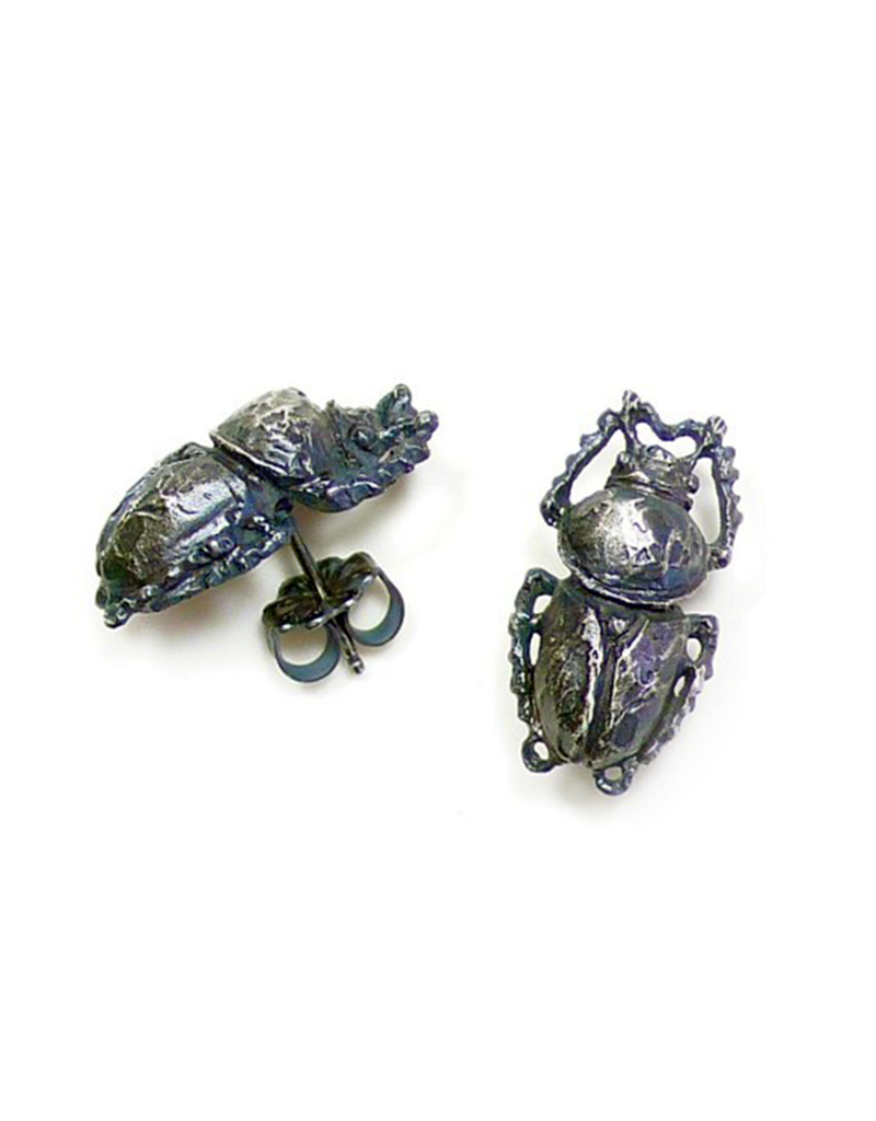 Scarab Beetle Post Earrings in Oxidized Silver
