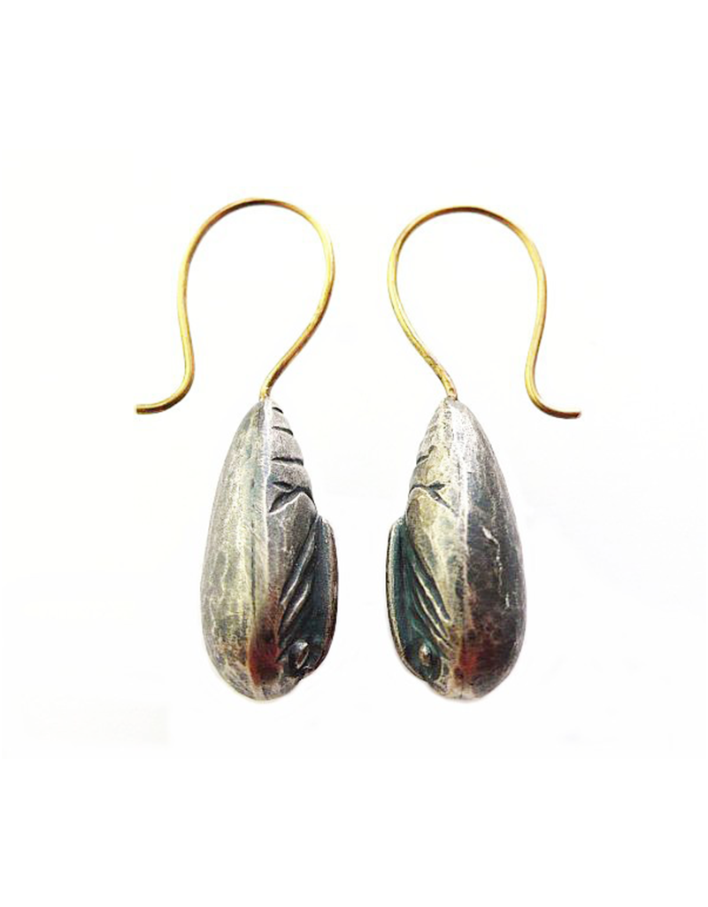 Moth Pupa Earrings in Oxidized Silver & 18k Gold Ear wires