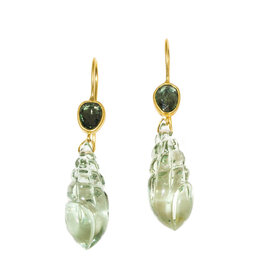 Carved Fluorite Shell Earrings with Green Sapphires in 18k Yellow Gold