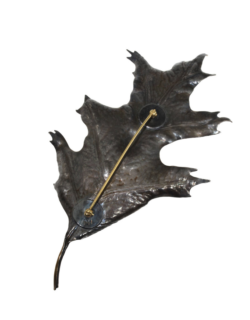 Large Red Oak Leaf with Gall Brooch in Oxidized Silver, Bimetal & 18k Gold