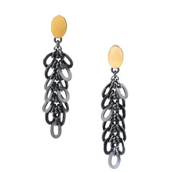 Oval Fringe Post Earrings in Oxidized Silver & 22k Bimetal