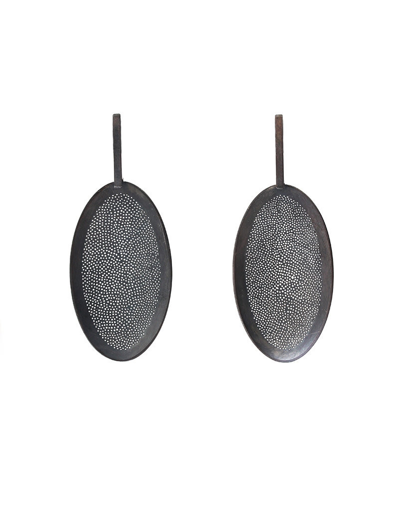 Perforated Oval Drop Earrings in Oxidized Silver
