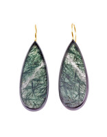 Long Teardrop Rutilated Quartz Earrings with Dark Green Striations in Oxidized Silver