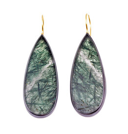 Long Teardrop Rutilated Quartz Earrings with Dark Green Striations in Oxidized Silver