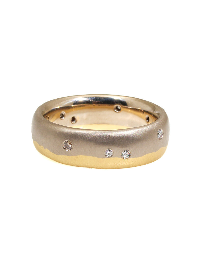 Dipped Band in 18k Palladium White Gold and Yellow Gold with White and Cognac Diamonds