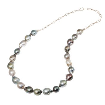 Mixed Silver Baroque Pearls  12 -17mm with 14k Palladium White Gold Handmade Chain