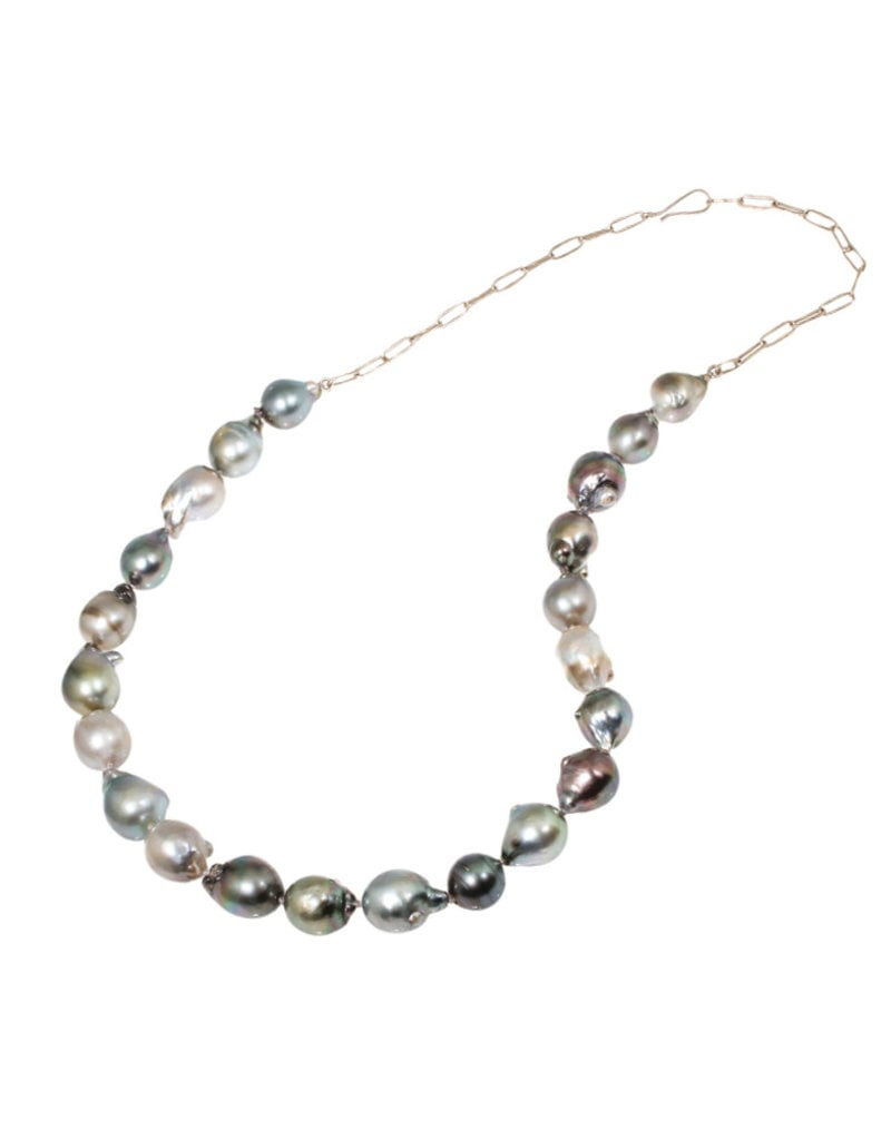 Mixed Silver Baroque Pearls  12 -17mm with 14k Palladium White Gold Handmade Chain