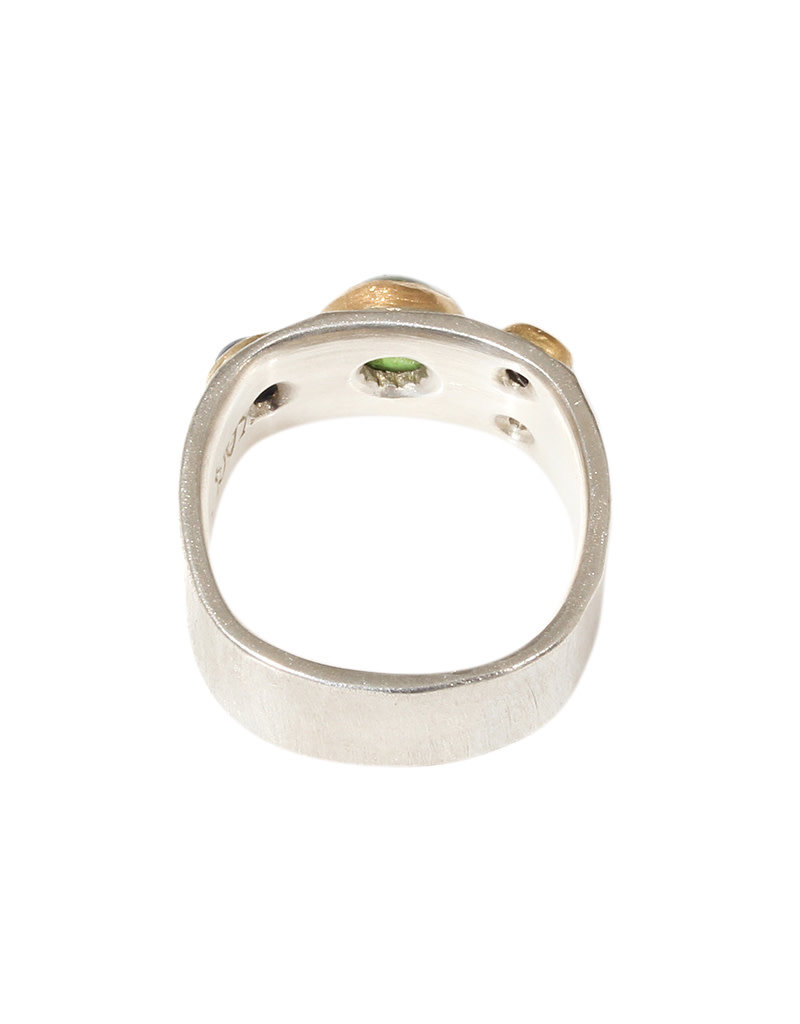 Big Sur Goldsmiths Artifact Wide Band with tsavorite garnet, blue sapphire, purple sapphire, white diamond in 22k Gold and silver