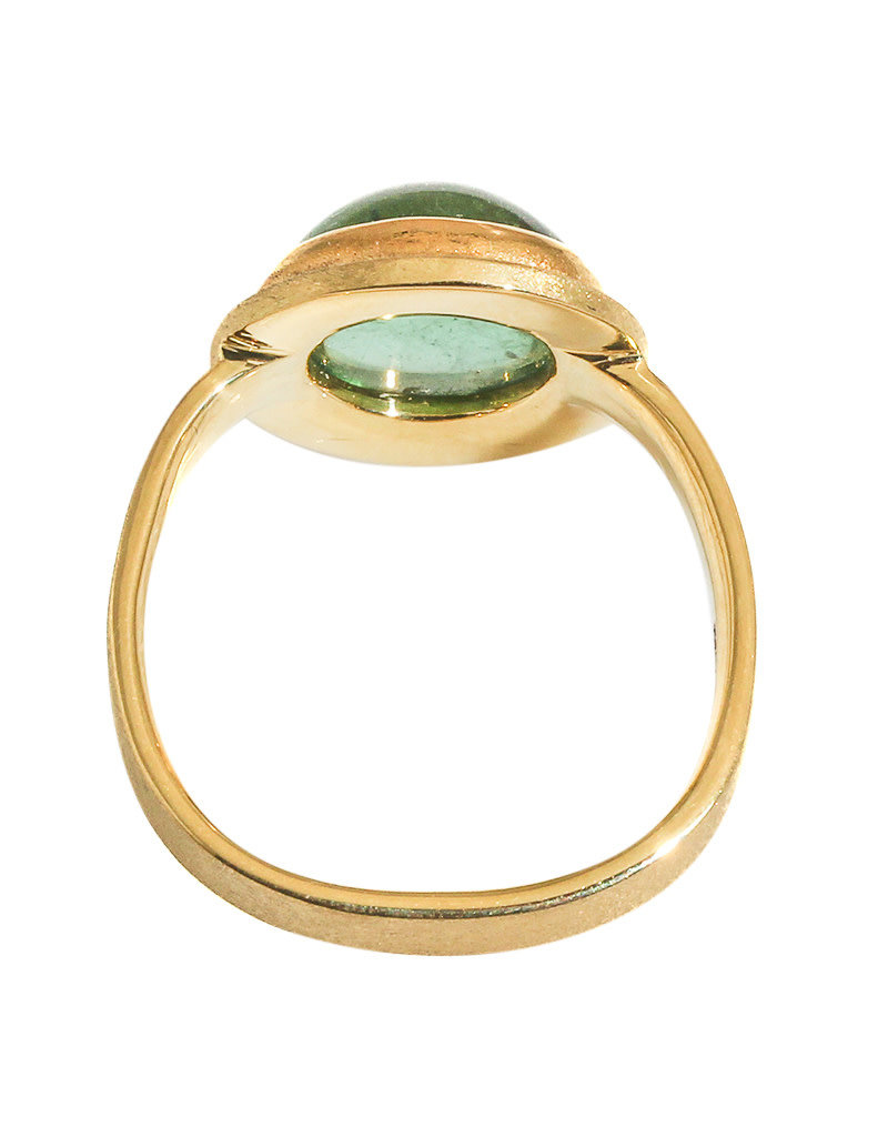 Big Sur Goldsmiths Round Green Tourmaline Cabochon Ring in 18k Gold with 22k Gold Bezel