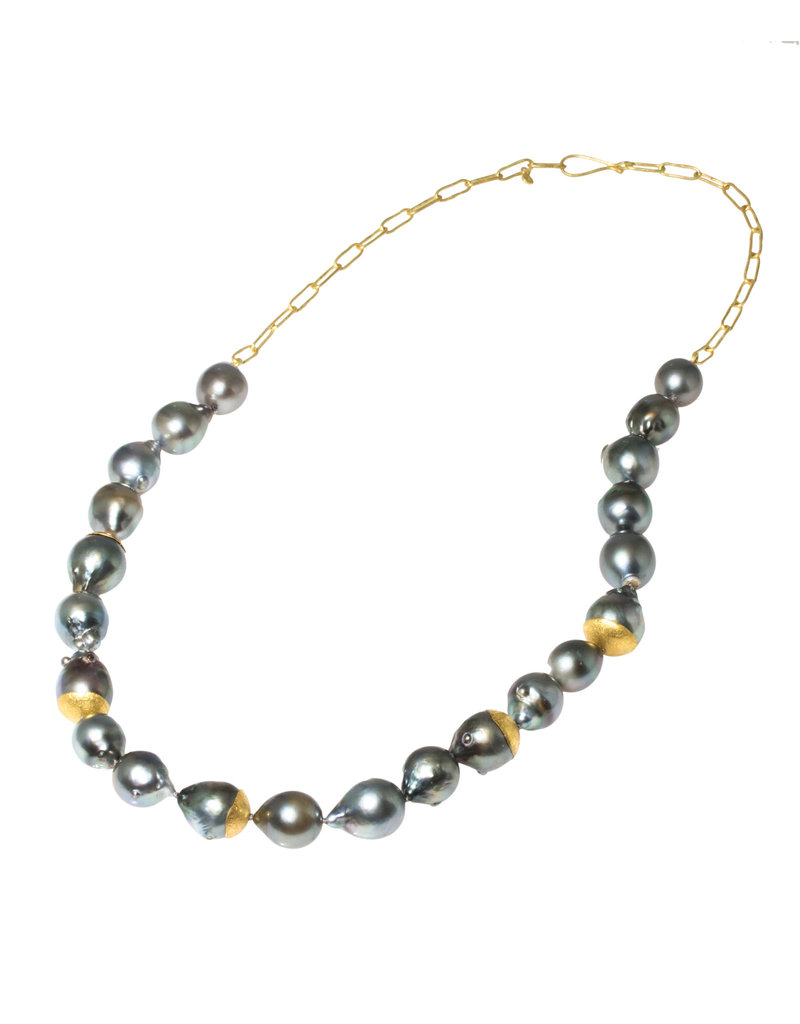 Silver Grey Baroque Pearls 13-16mm with 22k Gold Cups and 18k Gold Handmade Chain