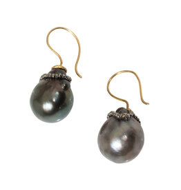 Tahitian Baroque Pearl Earrings in 14k Yellow Gold with Steel