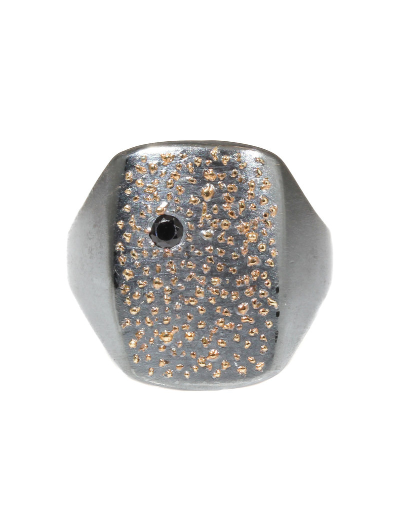 Box Ring in Oxidized Silver with Gold droplets and Black Diamond