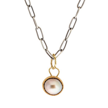 Tahitian Pearl Pendant in 22k Yellow Gold  with Oxidized Silver Handmade Chain