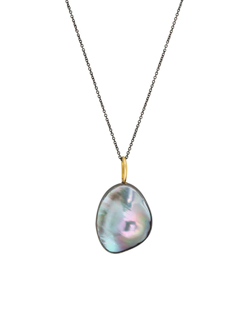 Large Mabe Pearl Pendant in Oxidized Silver with 18k Yellow Gold