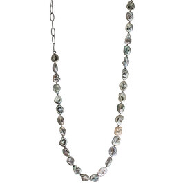 Keshi Pearl Necklace with 18k Palladium White Gold Bead, Grey Diamonds on Oxidized Silver Handmade Chain