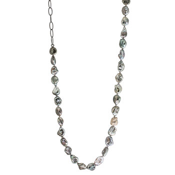 Keshi Pearl Necklace with 18k Palladium White Gold Bead, Grey Diamonds on Oxidized Silver Handmade Chain