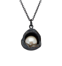 Water Droplet Pearl Pendant in Oxidized Silver