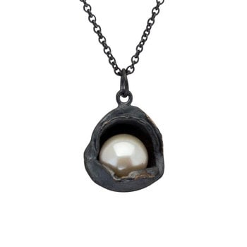 Water Droplet Pearl Pendant in Oxidized Silver
