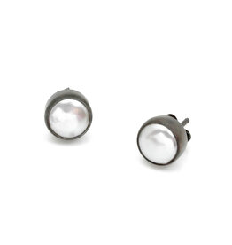 Small Biwa Post Earrings in Oxidized Silver
